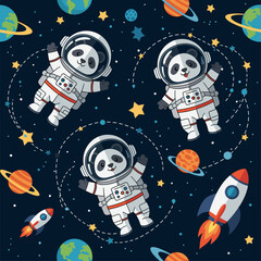 Joyful panda astronauts on an adventurous space journey with planets stars and rockets