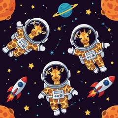 Adorable giraffe astronauts float through space with rockets and planets inspiring cosmic wonder and adventure