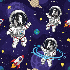 Fun seamless pattern of cartoon horses as astronauts exploring space with planets stars rockets