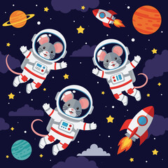 Cute cartoon mice astronauts exploring outer space with rockets and planets Fun cosmic adventure