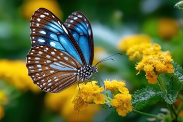Obraz premium Blue and Brown Butterfly on Yellow Flowers