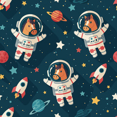 Cartoon horse astronauts float among stars planets and rockets in a whimsical space pattern