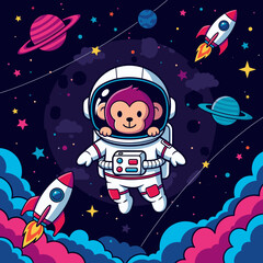Cute monkey astronaut floating in vibrant space with planets and rockets Childhood exploration dream