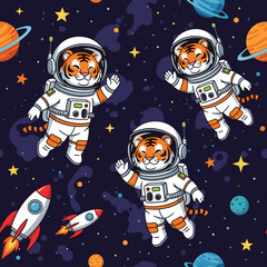 Joyful astronaut tigers explore outer space with rockets and planets Fun playful design for kids
