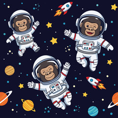 Cute cartoon gorilla astronauts exploring a vibrant outer space filled with planets and rockets