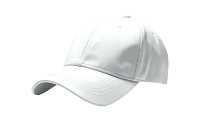 A pristine white baseball cap, structured, with a curved brim and subtle stitching detail, presented on a black background