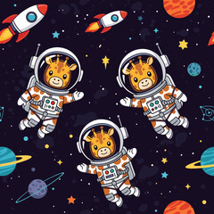 Cute giraffe astronauts explore space with rockets and planets perfect for kids designs
