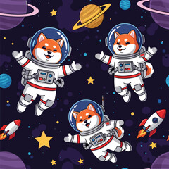 Happy Shiba Inu dog astronauts explore space with planets and rockets Fun cute adventurous