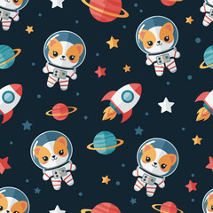 Charming seamless pattern with cartoon corgi astronauts rockets and planets in space