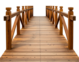 Rustic wooden footbridge extending to vanishing point, rich brown tones, sturdy railings with square posts