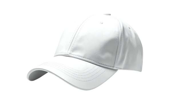 A pristine white baseball cap, structured, with a curved brim and subtle stitching detail, presented on a black background