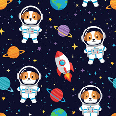 Playful puppy astronauts in a starry galaxy ideal for kids designs textiles and decor