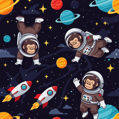 Happy monkey astronauts explore space with rockets and colorful planets Childlike wonder