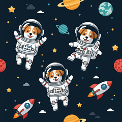 Cute astronaut dogs float in space with planets stars and rockets Fun imaginative adventure