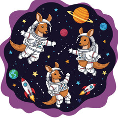 Three adorable astronaut kangaroos exploring colorful outer space with planets and rockets