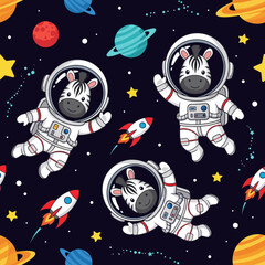 Cartoon zebra astronauts float in space with planets stars and rockets Fun kids design