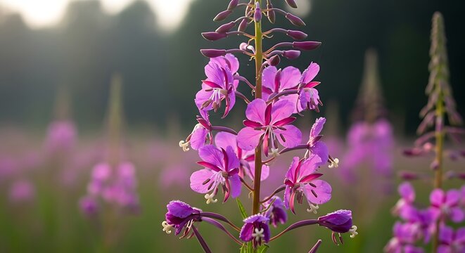 Closeup view of vibrant pink fireweed flowers in a field.