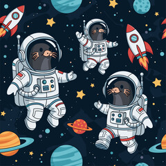 Cute cartoon moles in astronaut suits explore colorful outer space with planets and rockets