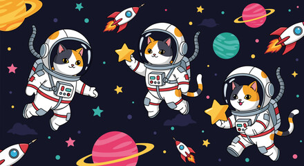 Cute cartoon cats in astronaut suits exploring outer space with rockets and planets