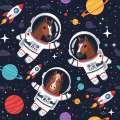 Cartoon horses as astronauts in space with planets and rockets Fun imaginative design for kids or whimsical themes