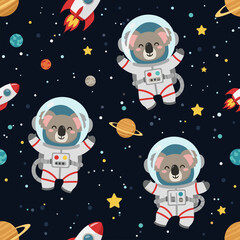 Cute koala astronauts explore colorful planets rockets and stars in a whimsical space adventure pattern