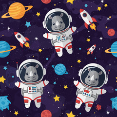 Playful cartoon rhinos as astronauts in a vibrant space with planets and rockets Ideal for kids designs