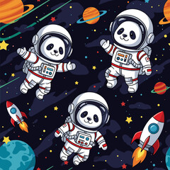 Three cute panda astronauts float playfully in vibrant outer space with planets and rockets