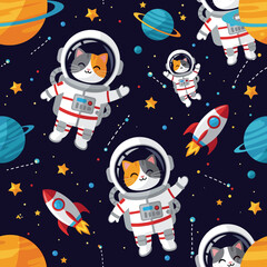Cute astronaut cats and rockets exploring the vast galaxy Playful space adventure background