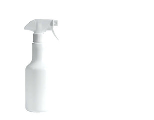 A white plastic spray bottle with a trigger mechanism, standing upright against a black background.  It's cylindrical with a slightly curved body