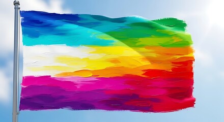 Colorful flag waving in the wind against a blue sky.