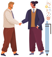 Fototapeta premium Two professionals dressed formally shaking hands, symbolizing collaboration and mutual agreement. Ideal for business, teamwork, partnership, negotiation, trust, communication, leadership concepts