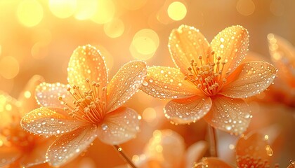 Two pale orange flowers with dew drops, bathed in warm sunlight