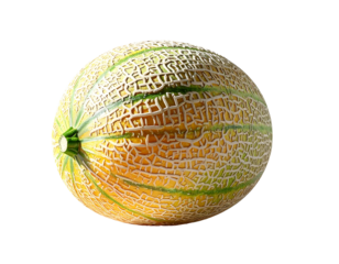 A whole, ripe cantaloupe melon with pale yellow-orange rind, intricate netting, and a small green stem.  Isolated on a black background