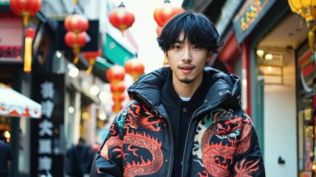 A man in a black jacket with a red dragon on it