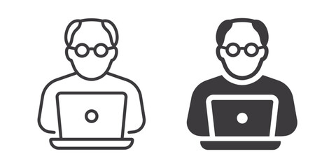 Senior with laptop icons. Symbol of digital literacy and online learning. Vector illustration.