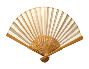 A beige hand fan with bamboo frame, intricate detailing on the sticks, and slightly curved shape.  The fan is closed