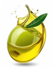 Green olive immersed in a splash of golden oil