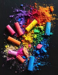 Broken crayons, vibrant colors, scattered powder on black background