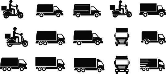 Silhouette icons of delivery vehicles, scooter, van, truck, freight transport, logistics, shipping, courier service, transportation, supply chain, fleet