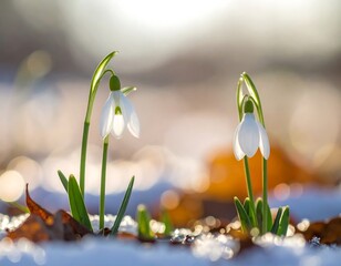 Snowdrop flowers emerging from winter snow