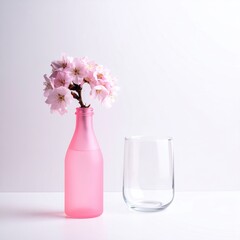 Pink frosted bottle vase with cherry blossoms and empty glass