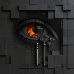 Dark eye with fiery pupil, surrounded by keys, set in a dark, segmented wall