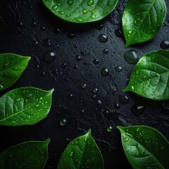Fresh green leaves with water droplets on dark stone (3)