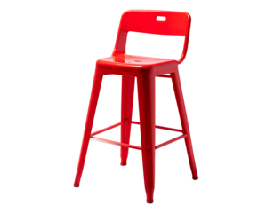 A vibrant red plastic bar stool with a simple, modern design; slightly tapered legs and a molded seat and back