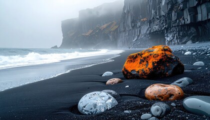 Misty black sand beach with colorful rocks