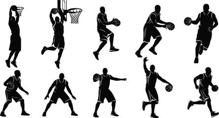 Silhouettes of basketball players dribbling, dunking, shooting, and defending, showcasing athletic motion, dynamic sports action, skill, and competitive energy