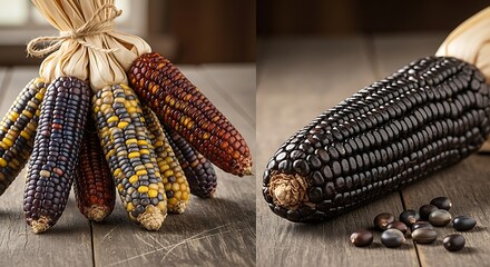Colorful and Black Corn Cobs on Rustic Wooden Surface.