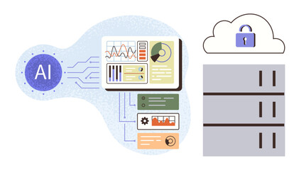 AI-powered data analysis connected to secure cloud storage and servers. Ideal for technology, IT security, cloud computing, data analytics, AI systems, innovation, and system management. A simple