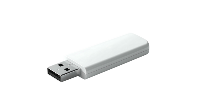 Sleek white USB flash drive, rectangular design, metallic USB connector, angled perspective