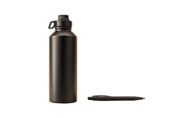 Dark-colored, matte-finish water bottle and pen